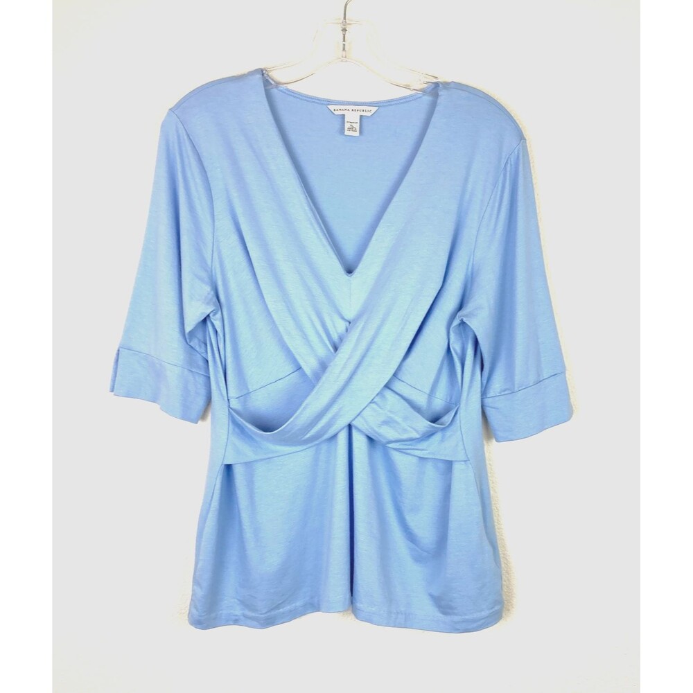 Banana Republic Women's Stretchy Crossover Blouse Size XL Blue Elbow Sleeve